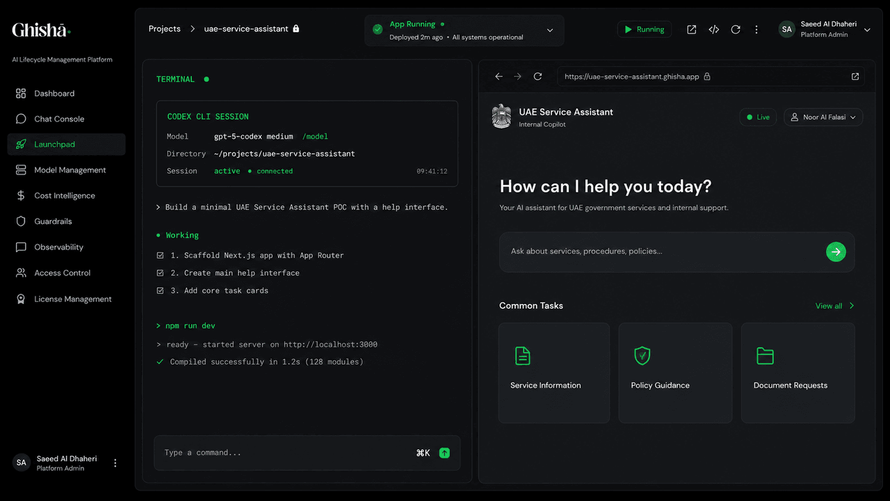 Ghisha Launchpad building a UAE Service Assistant application, with an AI coding terminal beside a live application preview pane.