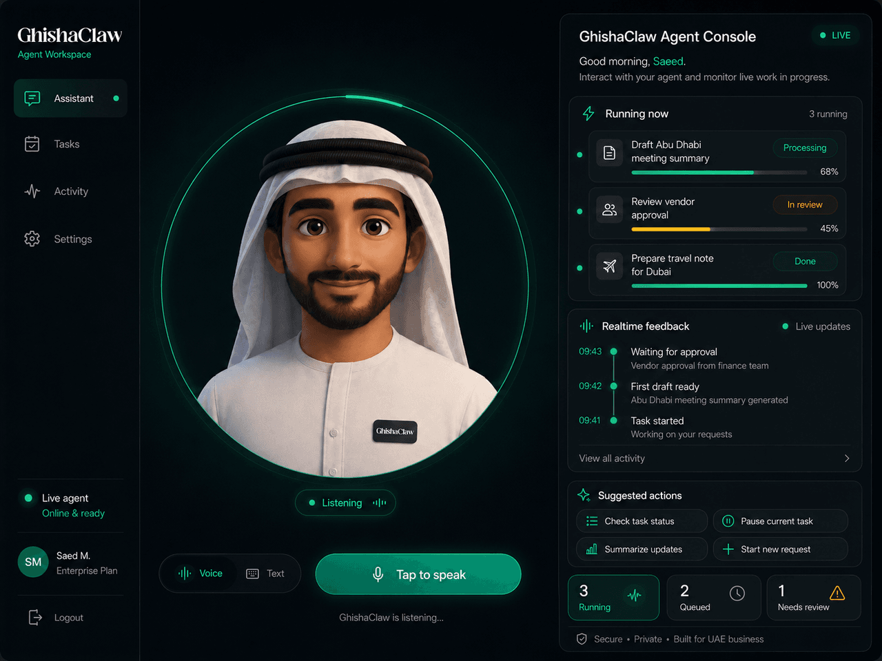 GhishaClaw agent workspace showing an agent avatar, the agent console, a task list, and a tap-to-speak voice control.